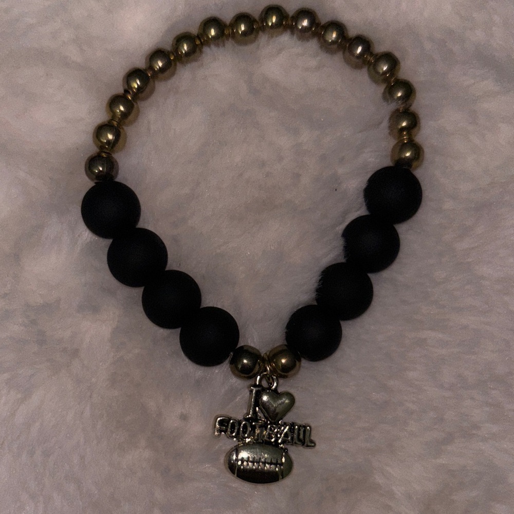 I Love Football Beaded Bracelet - Black & Gold
